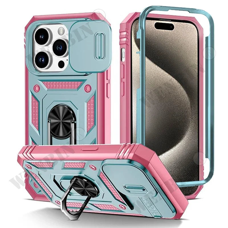 Heavy Duty Phone Case for iPhone 13–15 Series — Camera Ring & Kickstand Stand Cover