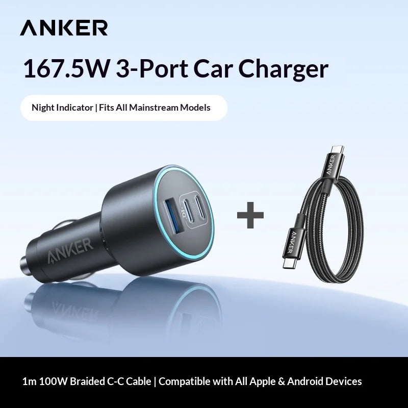 Anker 167.5w 3-Port Fast Car Charger, 2 Usb-C + 1 Usb-A Pd Qc3.0 High-Speed Adapter For Multi-Device Road & Travel Charging