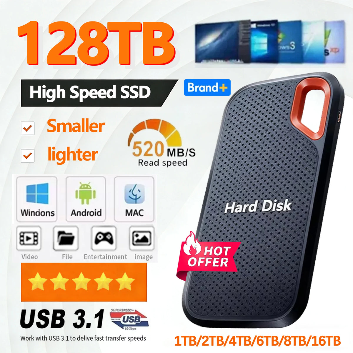 Portable External SSD Storage Drive — USB 3.1 for Laptop/PC/Phone