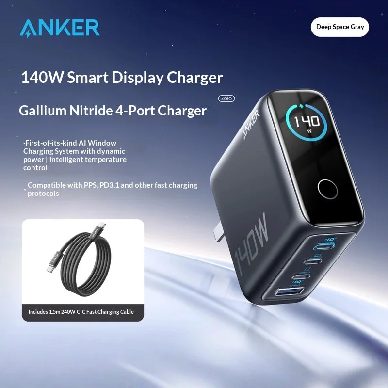 شاحن Anker GaN بقوة 140 واط PD 100 واط بمنافذ متعددة وشاشة رقمية وتحكم حراري ذكي