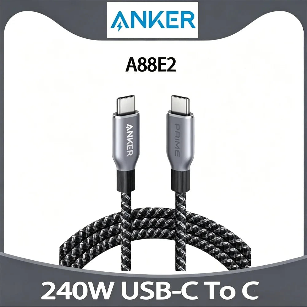 كابل Anker Prime USB-C إلى USB-C بقوة 240 واط، شحن سريع، نايلون مضفور معاد تدويره بمتانة 100 سنة