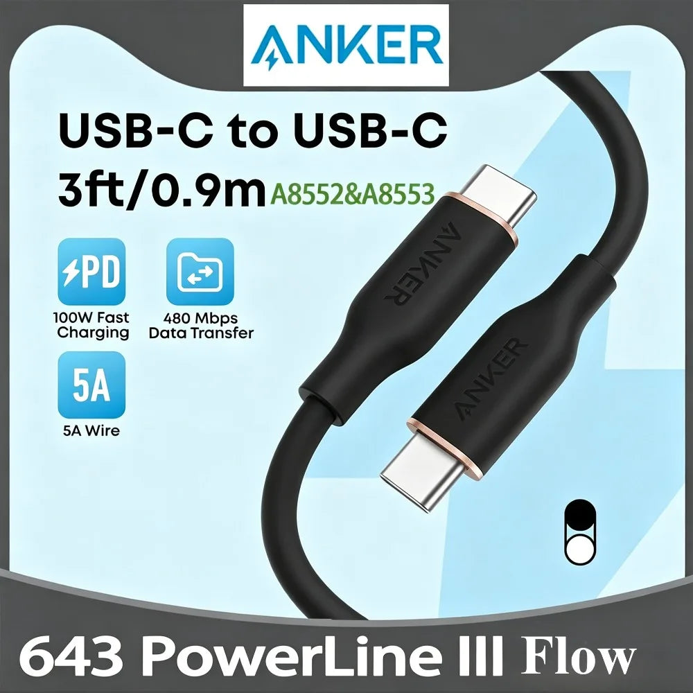 Anker 643 PowerLine III Flow USB C to USB C Cable 100W Fast Charging Silica Gel Cord 3ft 6ft Multiple Lengths