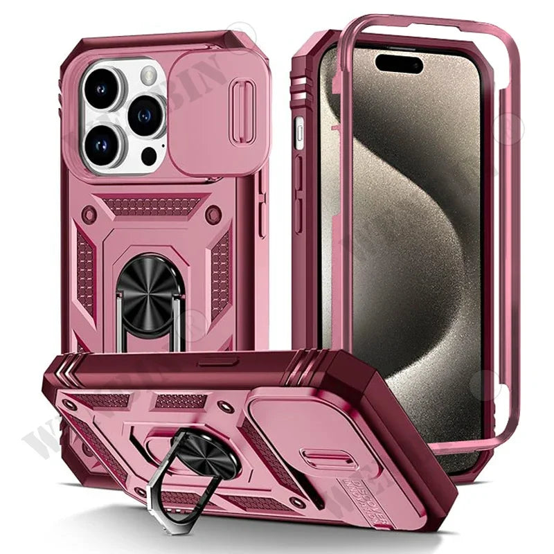 Heavy Duty Phone Case for iPhone 13–15 Series — Camera Ring & Kickstand Stand Cover