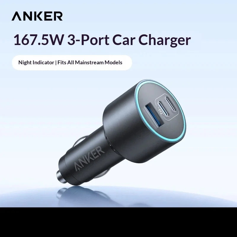 Anker 167.5w 3-Port Fast Car Charger, 2 Usb-C + 1 Usb-A Pd Qc3.0 High-Speed Adapter For Multi-Device Road & Travel Charging