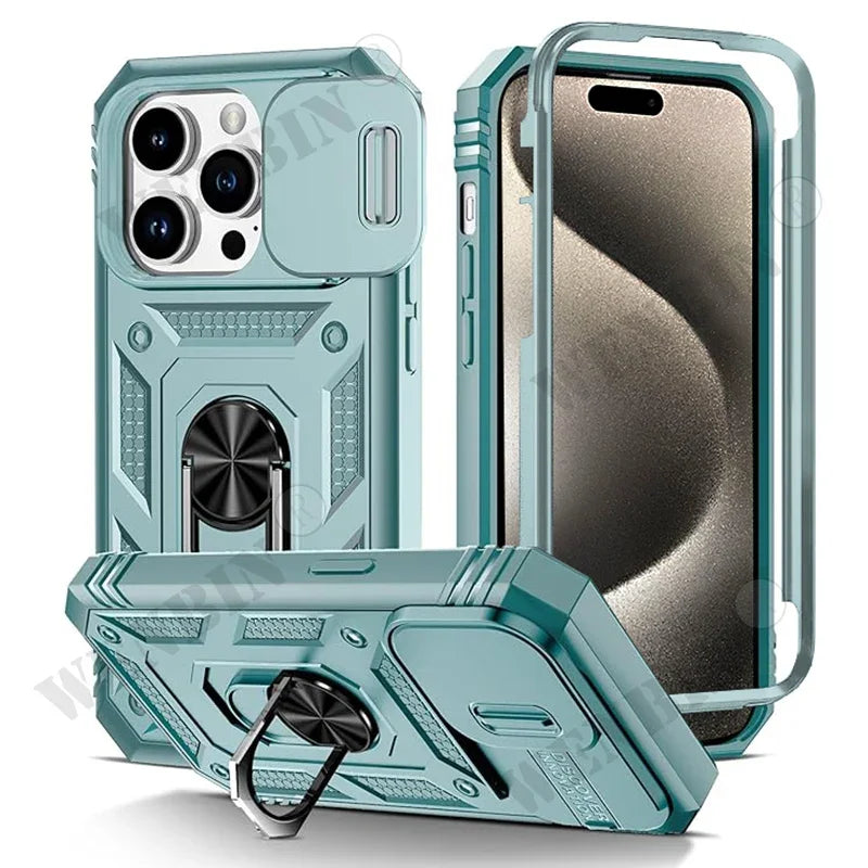 Heavy Duty Phone Case for iPhone 13–15 Series — Camera Ring & Kickstand Stand Cover