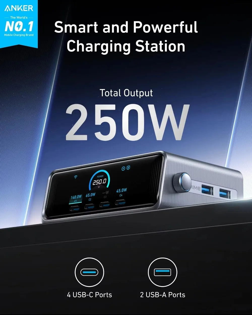 Anker A2345 Prime 200W&250W GaN 6-Port USB C Charging Station 2.26" LCD Screen Smart Dial Desktop Multi Device Fast Charger