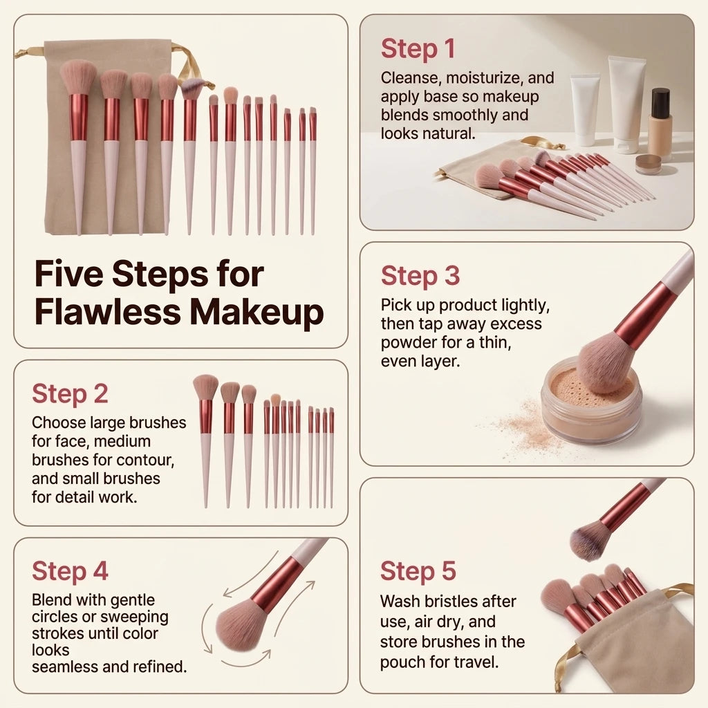 Makeup Brush Set with Bag — 5 to 14 Pieces Professional Foundation, Contour & Blending Brushes
