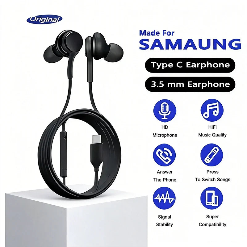 Wired Earphones for Samsung Galaxy S & A Series — 3.5mm & USB-C In-Ear Headset with Mic