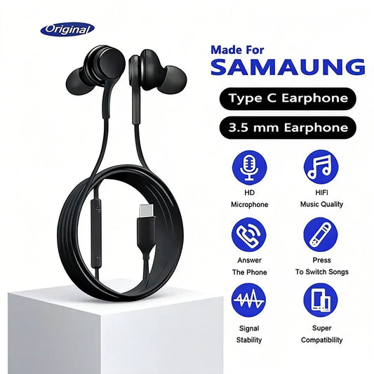 Wired Earphones for Samsung Galaxy S & A Series — 3.5mm & USB-C In-Ear Headset with Mic