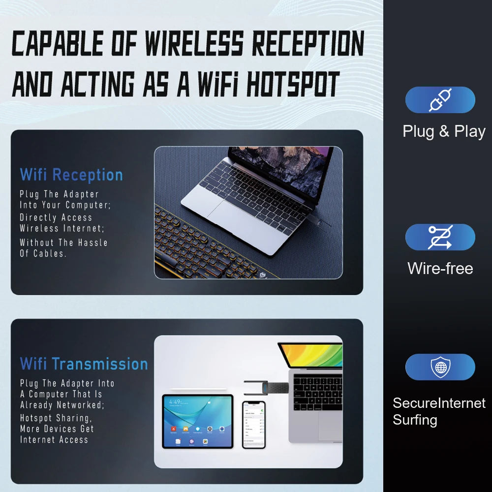 WiFi 6 USB 3.0 Adapter — 1800Mbps Dual Band 5GHz/2.4GHz for Windows 10/11
