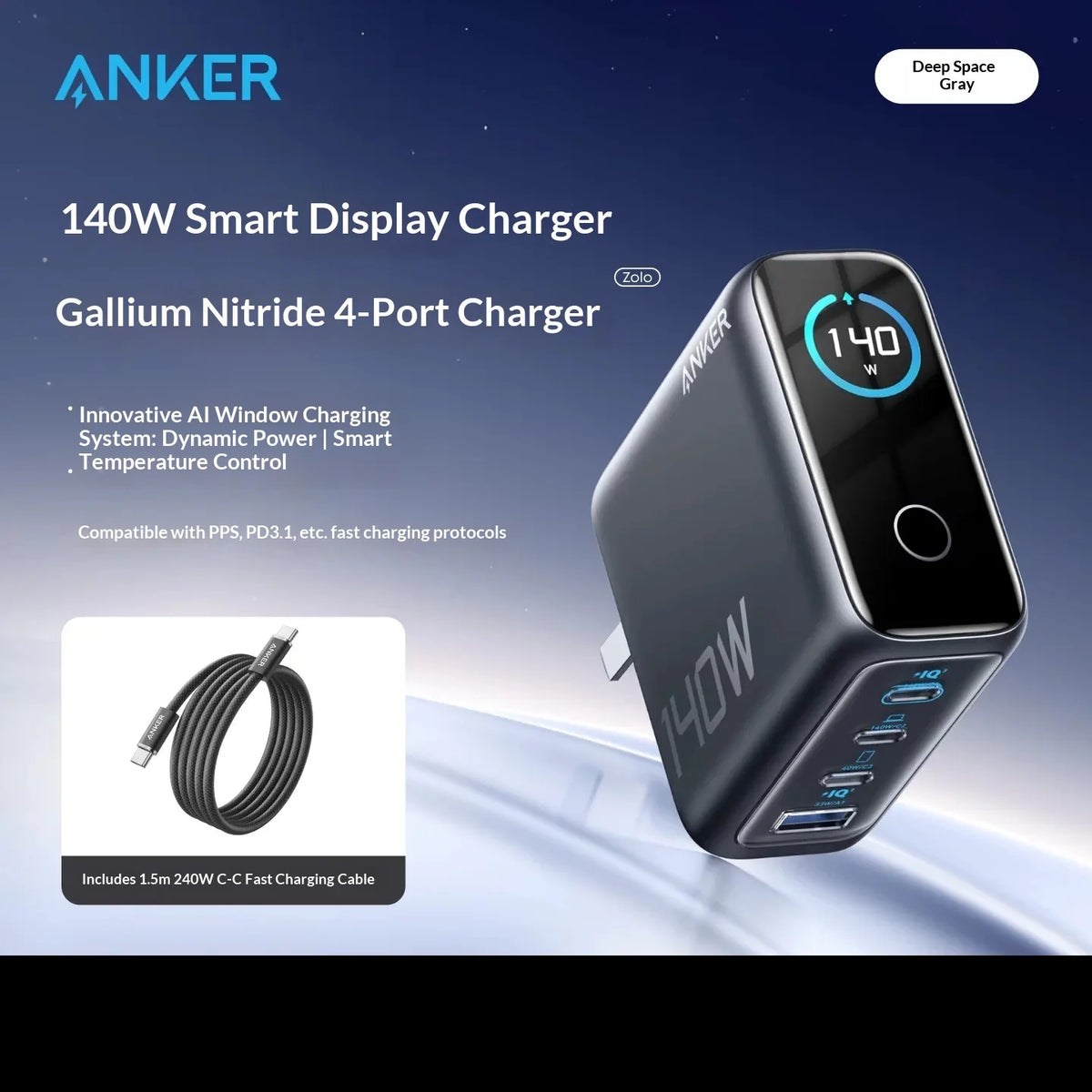 شاحن Anker GaN بقوة 140 واط PD 100 واط بمنافذ متعددة وشاشة رقمية وتحكم حراري ذكي