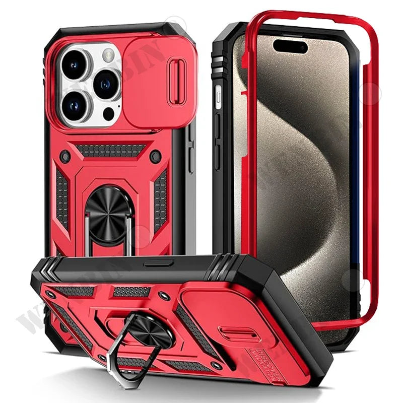 Heavy Duty Phone Case for iPhone 13–15 Series — Camera Ring & Kickstand Stand Cover