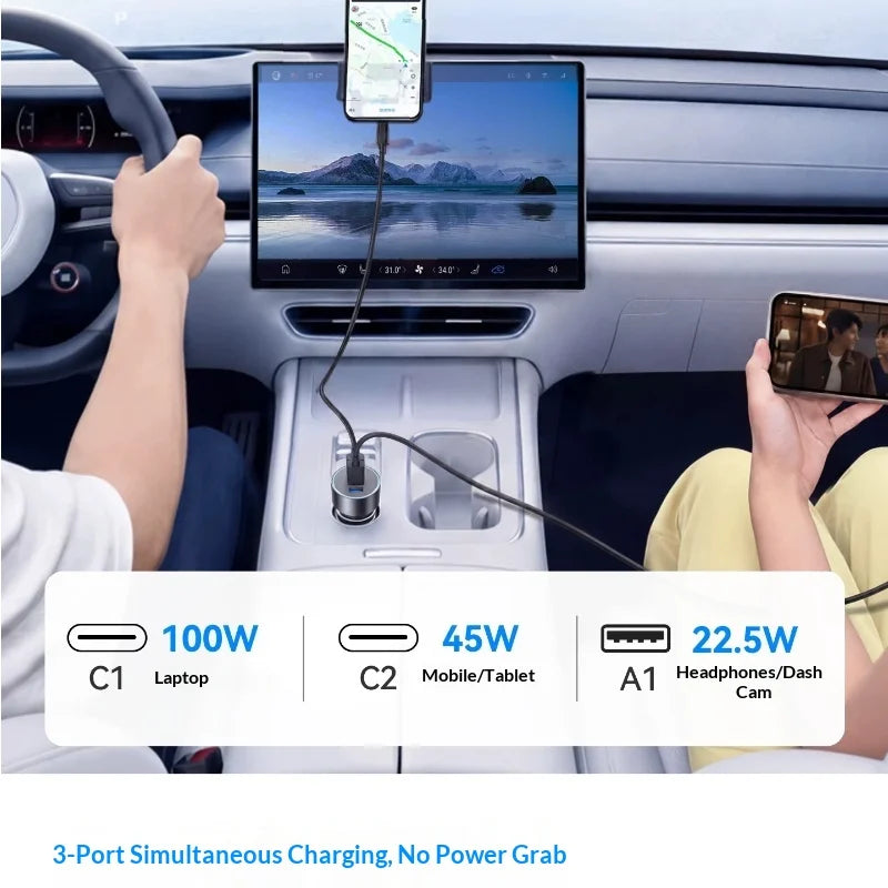 Anker 167.5w 3-Port Fast Car Charger, 2 Usb-C + 1 Usb-A Pd Qc3.0 High-Speed Adapter For Multi-Device Road & Travel Charging