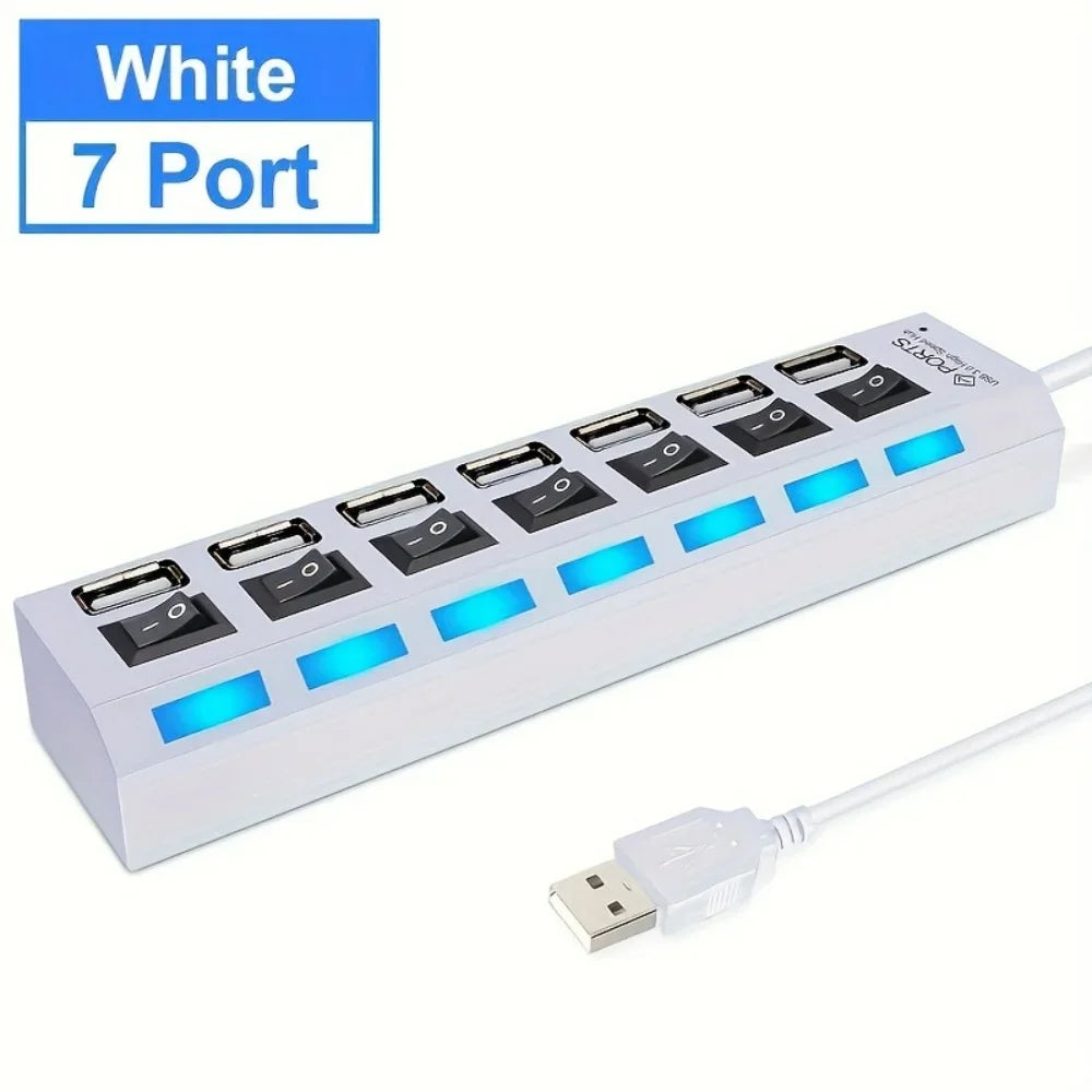 7-Port USB 2.0 Hub with LED & Individual Switches — High-Speed Splitter for PC