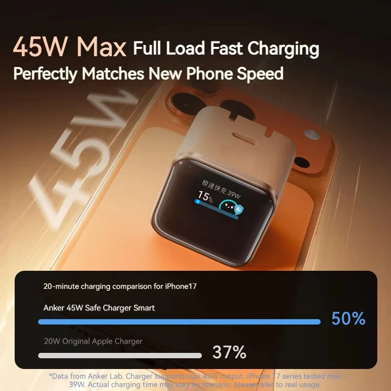 Anker 45W Nano Smart Type C Charger Fast Charging Foldable Plug Compact Screen Display for iPhone 17ProMax 16 Pro USB C Charger