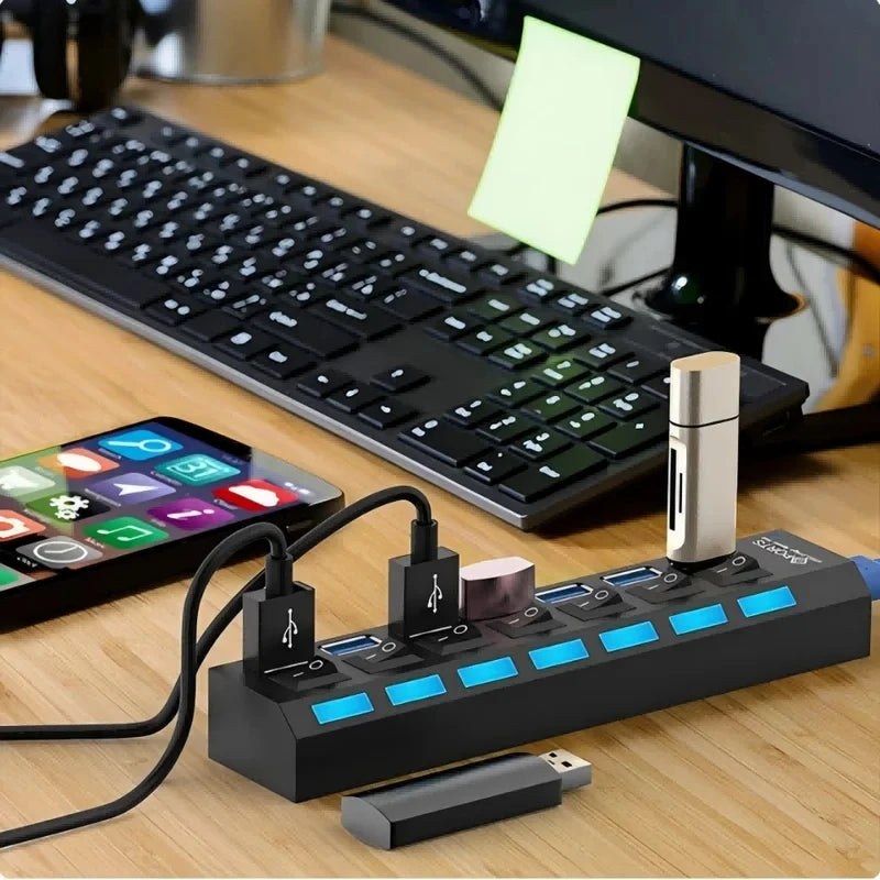7-Port USB 2.0 Hub with LED & Individual Switches — High-Speed Splitter for PC