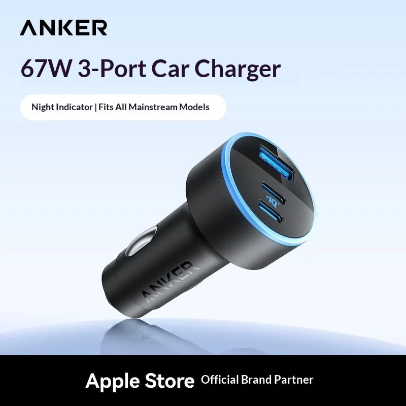 Anker 167.5w 3-Port Fast Car Charger, 2 Usb-C + 1 Usb-A Pd Qc3.0 High-Speed Adapter For Multi-Device Road & Travel Charging