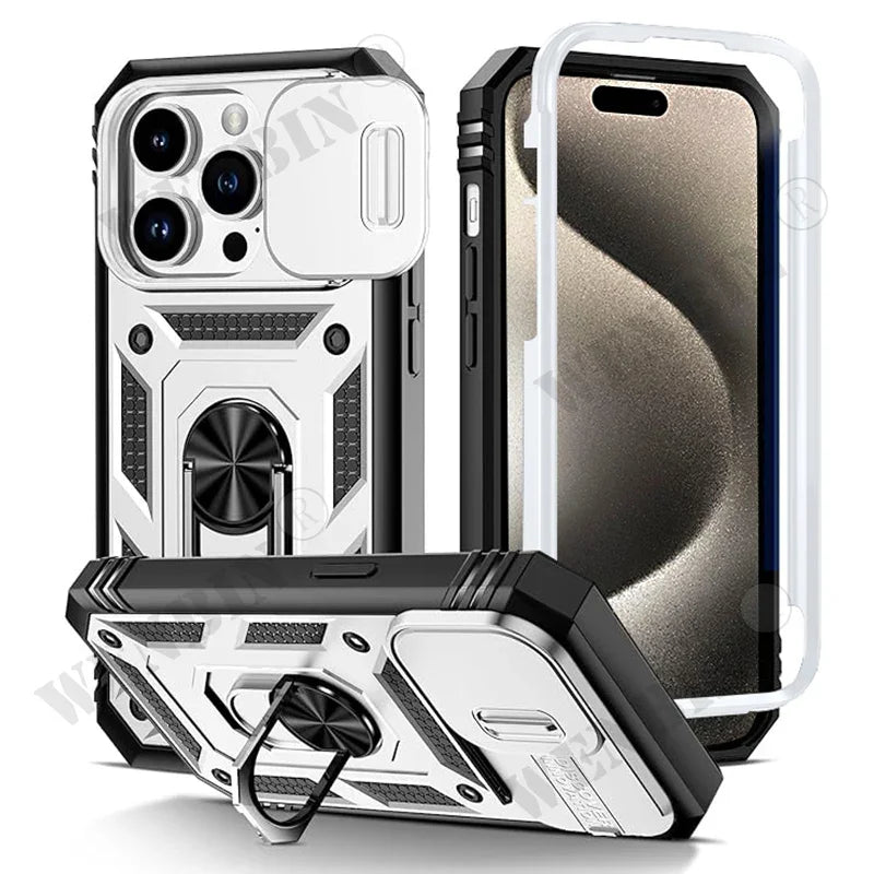 Heavy Duty Phone Case for iPhone 13–15 Series — Camera Ring & Kickstand Stand Cover