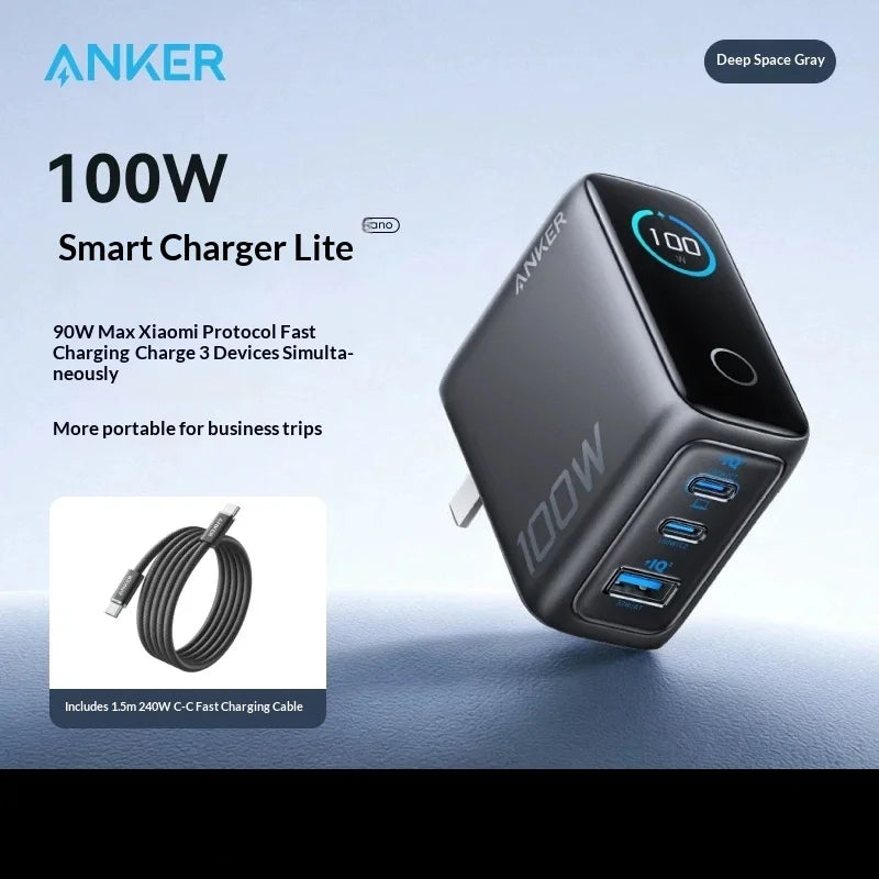 شاحن Anker GaN بقوة 140 واط PD 100 واط بمنافذ متعددة وشاشة رقمية وتحكم حراري ذكي