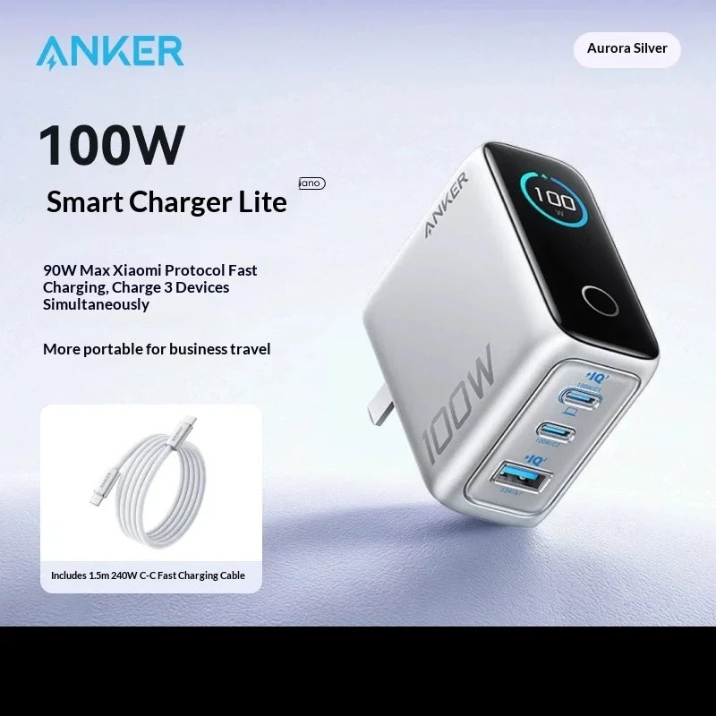 شاحن Anker GaN بقوة 140 واط PD 100 واط بمنافذ متعددة وشاشة رقمية وتحكم حراري ذكي