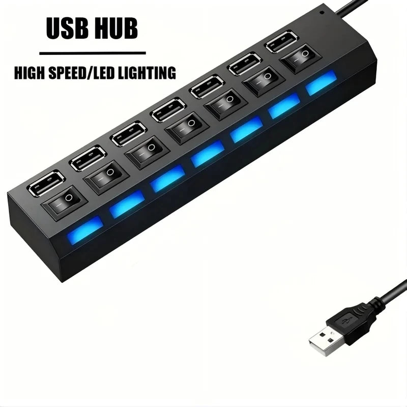 7-Port USB 2.0 Hub with LED & Individual Switches — High-Speed Splitter for PC