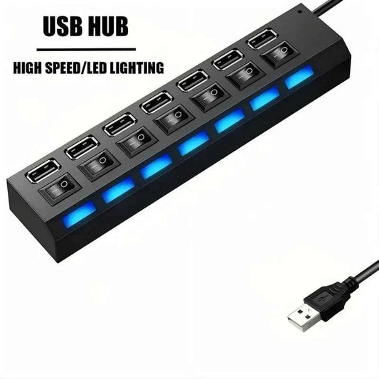 موزع USB 2.0 بـ 7 منافذ مع مؤشر LED ومفاتيح تشغيل منفصلة