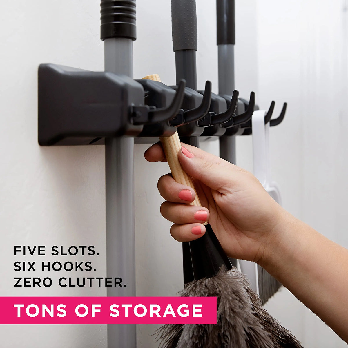 Wall-Mounted Mop & Broom Holder — Heavy-Duty 5-Slot Organizer for Cleaning Tools