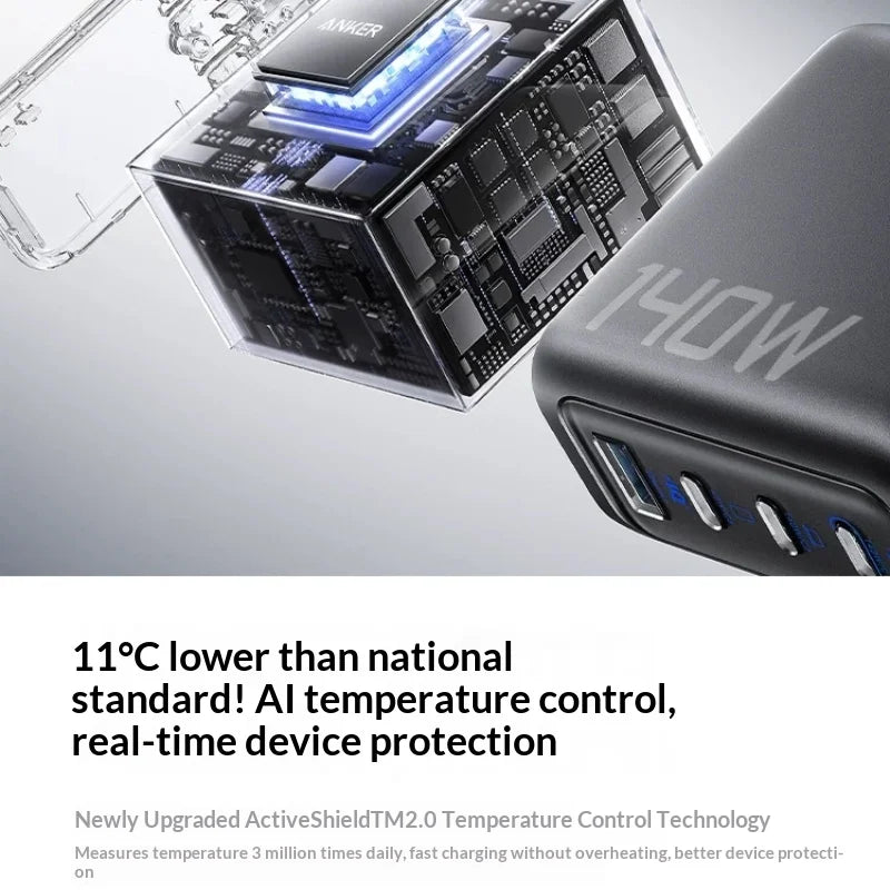 شاحن Anker GaN بقوة 140 واط PD 100 واط بمنافذ متعددة وشاشة رقمية وتحكم حراري ذكي