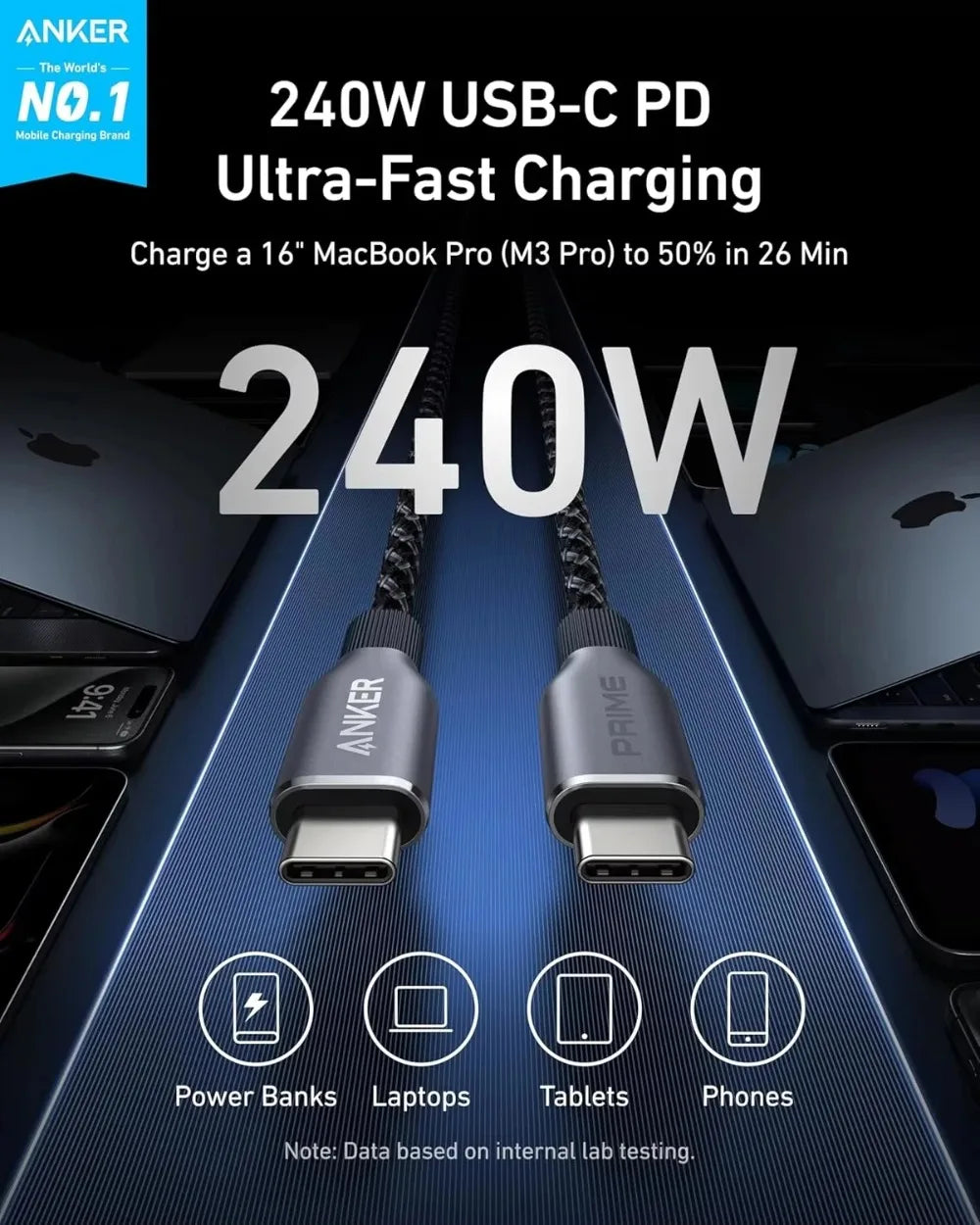كابل Anker Prime USB-C إلى USB-C بقوة 240 واط، شحن سريع، نايلون مضفور معاد تدويره بمتانة 100 سنة