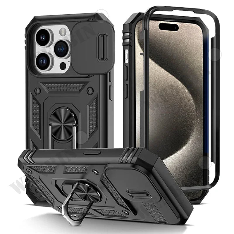 Heavy Duty Phone Case for iPhone 13–15 Series — Camera Ring & Kickstand Stand Cover