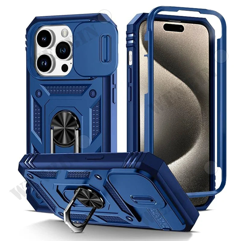 Heavy Duty Phone Case for iPhone 13–15 Series — Camera Ring & Kickstand Stand Cover