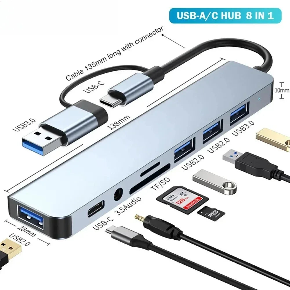 8-in-1 USB-C Hub — USB 3.0, USB-C Data, SD/TF Card, Audio for Laptop & Tablet