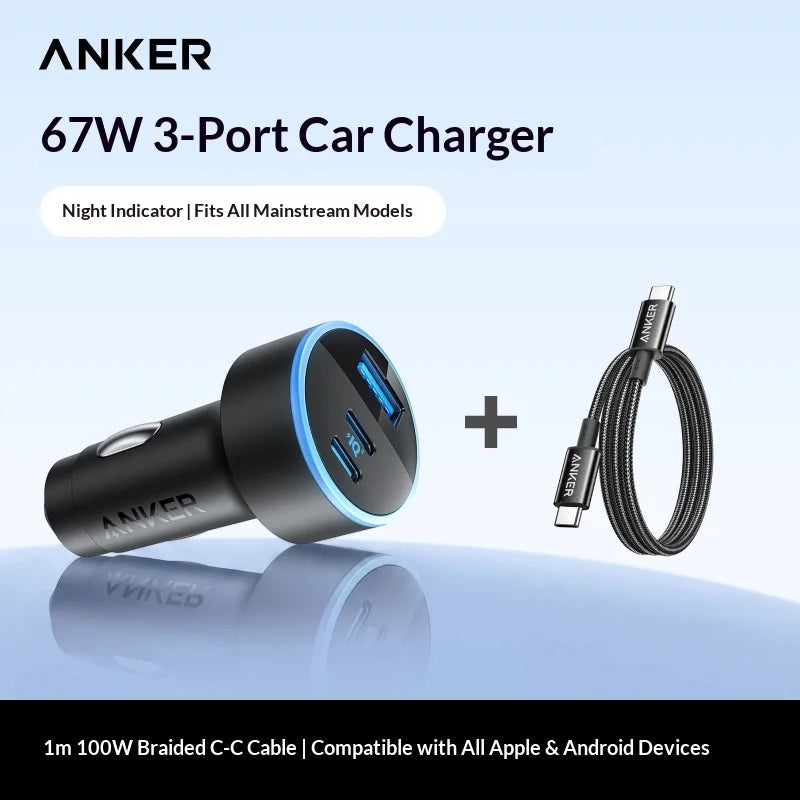 Anker 167.5w 3-Port Fast Car Charger, 2 Usb-C + 1 Usb-A Pd Qc3.0 High-Speed Adapter For Multi-Device Road & Travel Charging
