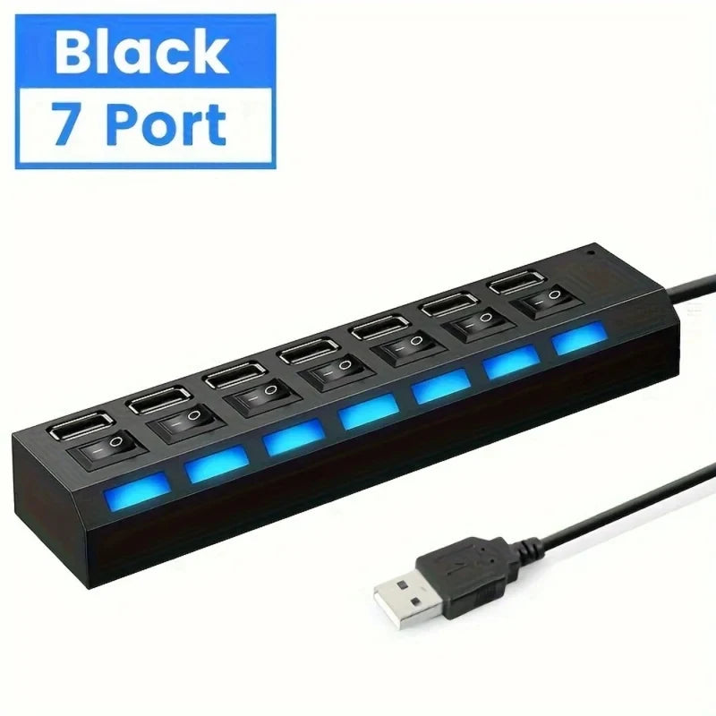 7-Port USB 2.0 Hub with LED & Individual Switches — High-Speed Splitter for PC