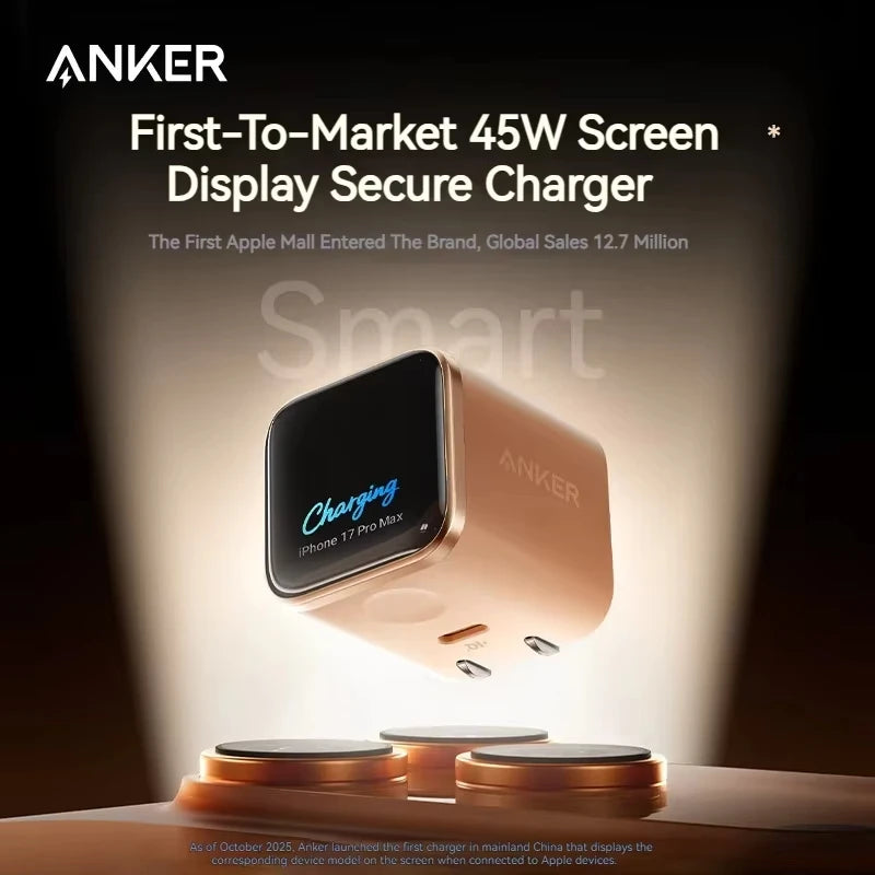 Anker 45W Nano Smart Type C Charger Fast Charging Foldable Plug Compact Screen Display for iPhone 17ProMax 16 Pro USB C Charger