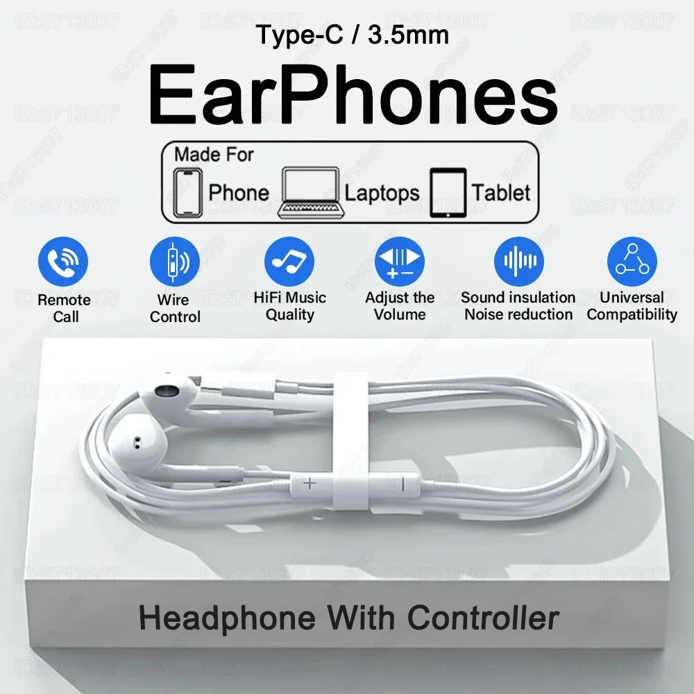 Wired Earbuds with Noise Cancellation — USB-C, 3.5mm & Lightning for Android & iPhone