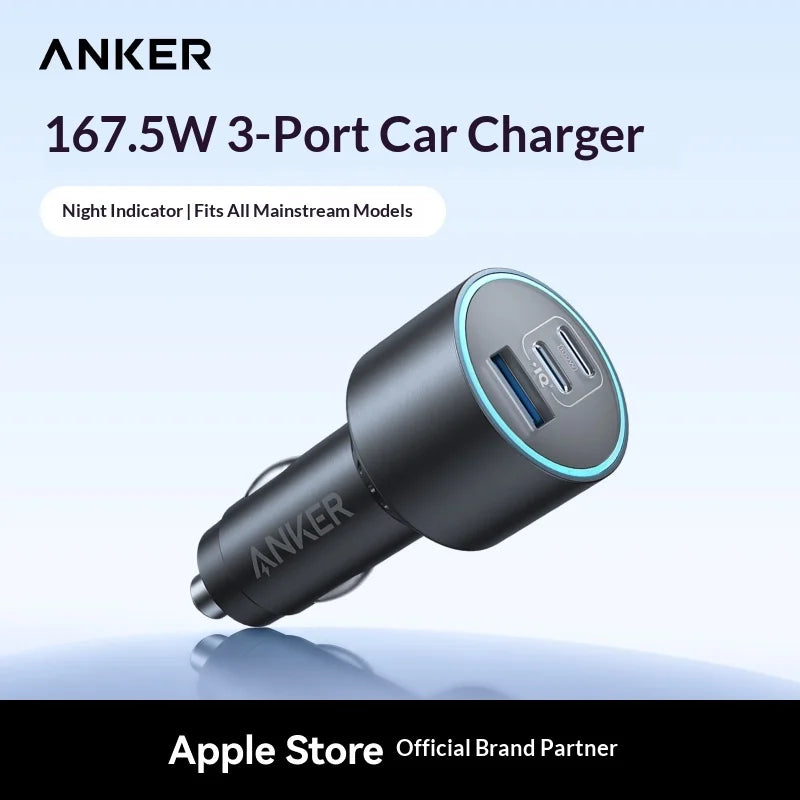 Anker 167.5w 3-Port Fast Car Charger, 2 Usb-C + 1 Usb-A Pd Qc3.0 High-Speed Adapter For Multi-Device Road & Travel Charging