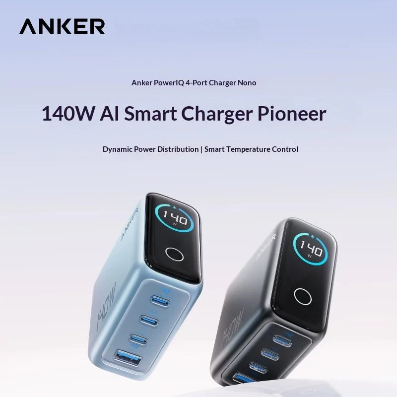 شاحن Anker GaN بقوة 140 واط PD 100 واط بمنافذ متعددة وشاشة رقمية وتحكم حراري ذكي