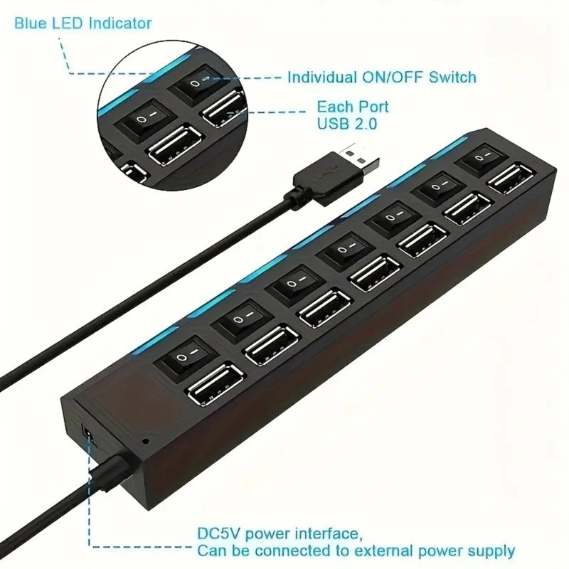 7-Port USB 2.0 Hub with LED & Individual Switches — High-Speed Splitter for PC