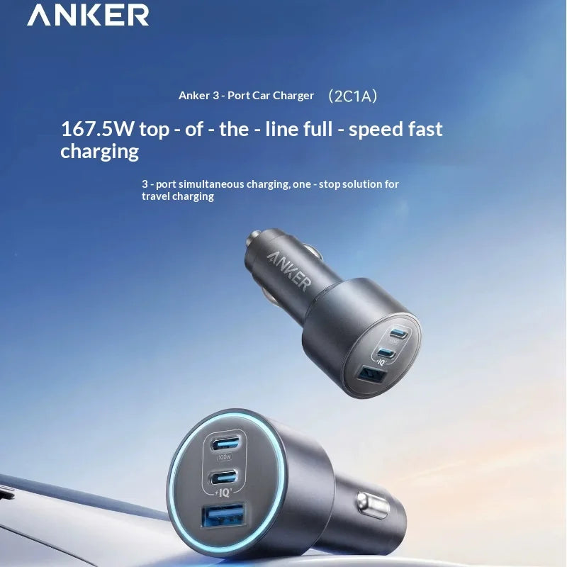 Anker 167.5w 3-Port Fast Car Charger, 2 Usb-C + 1 Usb-A Pd Qc3.0 High-Speed Adapter For Multi-Device Road & Travel Charging