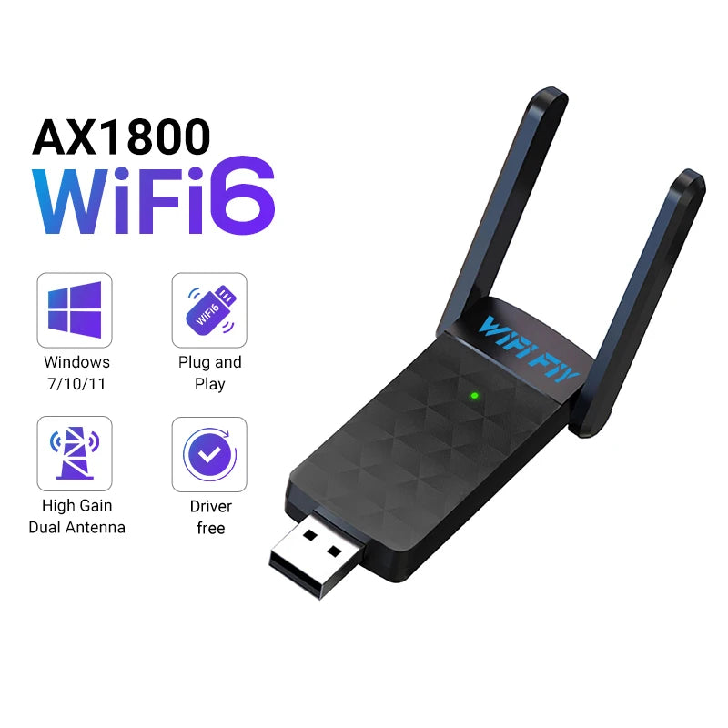 WiFi 6 USB 3.0 Adapter — 1800Mbps Dual Band 5GHz/2.4GHz for Windows 10/11