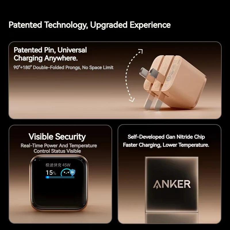 Anker 45W Nano Smart Type C Charger Fast Charging Foldable Plug Compact Screen Display for iPhone 17ProMax 16 Pro USB C Charger